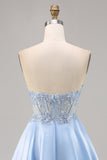 Azul Claro Decote Em Coração Linha-A Mini Vestido Cocktail