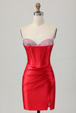 Bodycon vermelho espartilho frisado Homecoming vestido com fenda