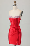 Bodycon vermelho espartilho frisado Homecoming vestido com fenda