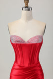 Bodycon vermelho espartilho frisado Homecoming vestido com fenda