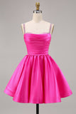 Fuchsia Cetim Uma Linha Vestido Curto Homecoming com Missangas