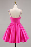 Fuchsia Cetim Uma Linha Vestido Curto Homecoming com Missangas