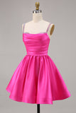 Fuchsia Cetim Uma Linha Vestido Curto Homecoming com Missangas