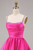 Fuchsia Cetim Uma Linha Vestido Curto Homecoming com Missangas