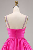 Fuchsia Cetim Uma Linha Vestido Curto Homecoming com Missangas