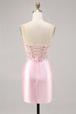 Candy Pink Satin Bodycon Short Corset Homecoming Vestido com Applique