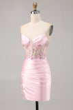 Candy Pink Satin Bodycon Short Corset Homecoming Vestido com Applique