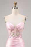Candy Pink Satin Bodycon Short Corset Homecoming Vestido com Applique