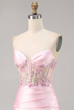 Candy Pink Satin Bodycon Short Corset Homecoming Vestido com Applique