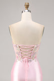 Candy Pink Satin Bodycon Short Corset Homecoming Vestido com Applique