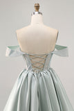 Verde claro A-Line fora do ombro espartilho Homecoming vestido com frisos