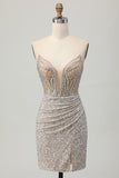 Prata Strapless Bodycon Sequins Homecoming Vestido com Fenda