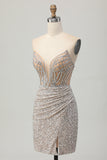 Prata Strapless Bodycon Sequins Homecoming Vestido com Fenda