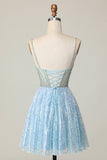 Brilhante Azul Claro V Pescoço Lantejoulas Uma Linha Homecoming Dress