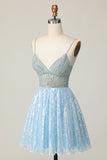 Brilhante Azul Claro V Pescoço Lantejoulas Uma Linha Homecoming Dress