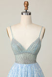 Brilhante Azul Claro V Pescoço Lantejoulas Uma Linha Homecoming Dress