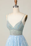 Brilhante Azul Claro V Pescoço Lantejoulas Uma Linha Homecoming Dress