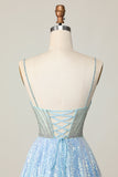 Brilhante Azul Claro V Pescoço Lantejoulas Uma Linha Homecoming Dress