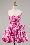Floral Fuchsia Strapless Uma linha Homecoming Dress com arco