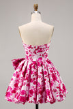 Floral Fuchsia Strapless Uma linha Homecoming Dress com arco