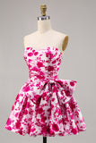 Floral Fuchsia Strapless Uma linha Homecoming Dress com arco