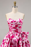 Floral Fuchsia Strapless Uma linha Homecoming Dress com arco