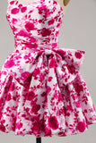 Floral Fuchsia Strapless Uma linha Homecoming Dress com arco