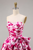 Floral Fuchsia Strapless Uma linha Homecoming Dress com arco