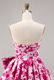 Floral Fuchsia Strapless Uma linha Homecoming Dress com arco
