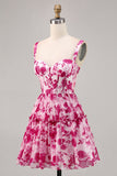 Floral Fuchsia Corset Impresso Uma Linha Homecoming Dress