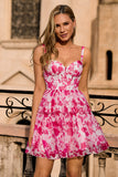 Fuchsia Espartilho Floral Uma Linha Vestido Homecoming Impresso