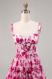 Floral Fuchsia Corset Impresso Uma Linha Homecoming Dress