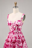 Floral Fuchsia Corset Impresso Uma Linha Homecoming Dress