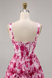 Floral Fuchsia Corset Impresso Uma Linha Homecoming Dress