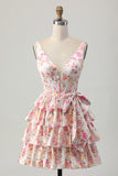 Rosa Floral V-Neck Uma Linha Tiered Short Homecoming Dress com Arco