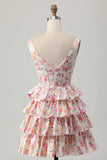 Rosa Floral V-Neck Uma Linha Tiered Short Homecoming Dress com Arco