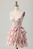 Rosa Floral V-Neck Uma Linha Tiered Short Homecoming Dress com Arco