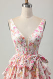 Rosa Floral V-Neck Uma Linha Tiered Short Homecoming Dress com Arco
