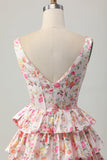 Rosa Floral V-Neck Uma Linha Tiered Short Homecoming Dress com Arco