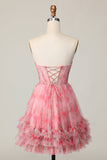 Floral vermelho sem alças estampado babado uma linha Homecoming Dress