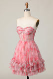 Floral vermelho sem alças estampado babado uma linha Homecoming Dress