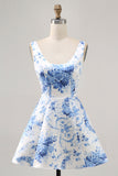 Estampado branco azul flor uma linha Homecoming Dress