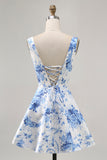 Estampado branco azul flor uma linha Homecoming Dress