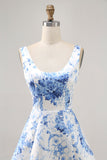 Estampado branco azul flor uma linha Homecoming Dress