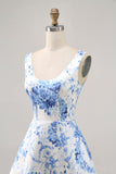 Estampado branco azul flor uma linha Homecoming Dress