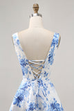 Estampado branco azul flor uma linha Homecoming Dress