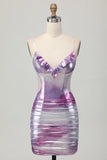 Prata roxo bodycon babado V pescoço Homecoming Dress