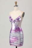 Prata roxo bodycon babado V pescoço Homecoming Dress