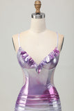 Prata roxo bodycon babado V pescoço Homecoming Dress