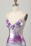 Prata roxo bodycon babado V pescoço Homecoming Dress